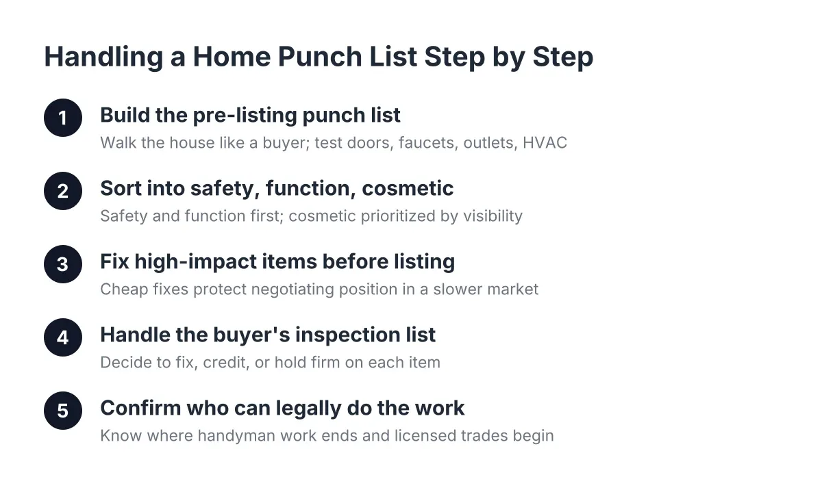 Process diagram showing steps for handyman punchlist repairs before a home sale